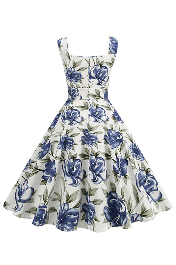 Vestido vintage de la década de 1950 con estampado floral azul